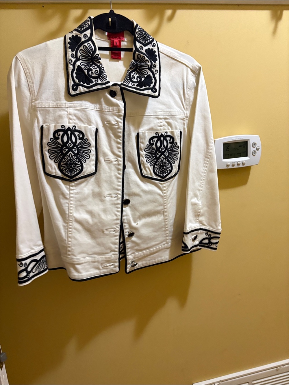 Cream Jacket with Black Embroidered Trim and Piping